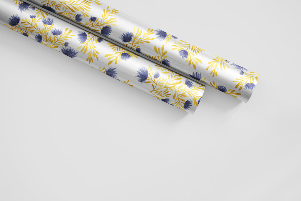 Daisy Branches Cobalt and Yellow Wrapping Paper - Wildflowers Collection